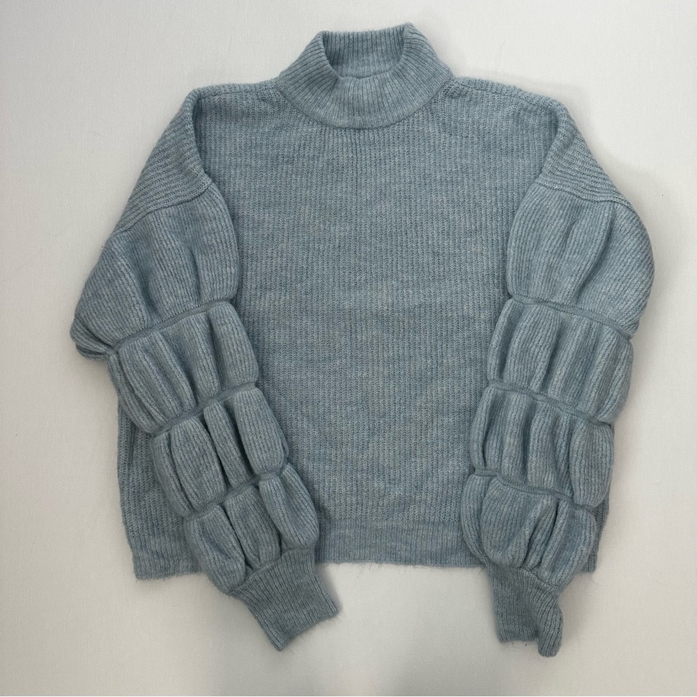Versona Womens Long Bell Sleeve Sweater Mock Neck Sz Small Blue Cottagecore